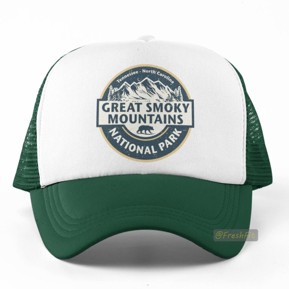 🆕Great Smoky Mountains Foam Trucker Hat Mesh Snapback Cap Dark Green/White